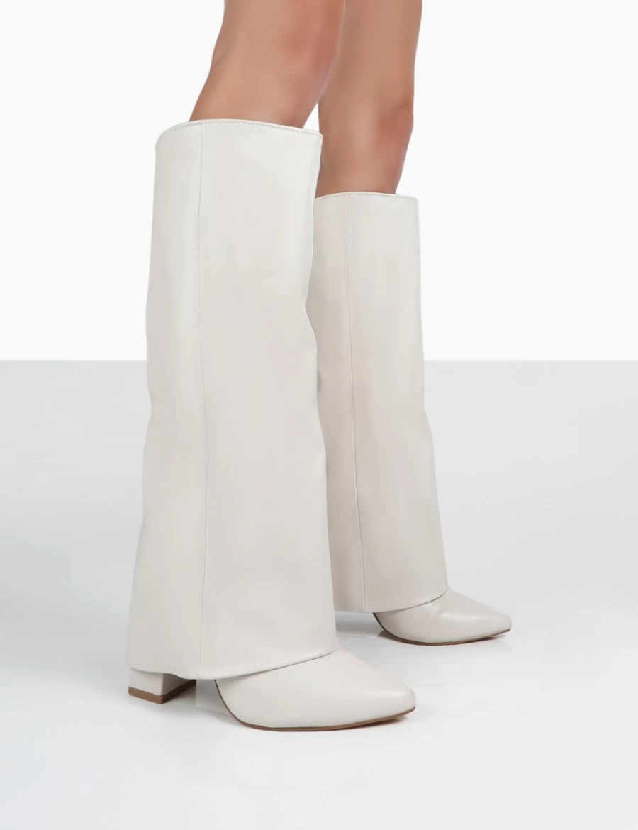 Public Desire Women's White Ecru Pointed Toe Knee High Block Heel Boots - Zendaya Style