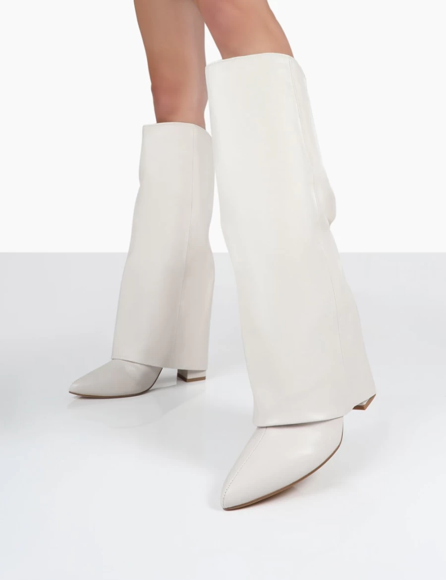 Public Desire Women's White Ecru Pointed Toe Knee High Block Heel Boots - Zendaya Style