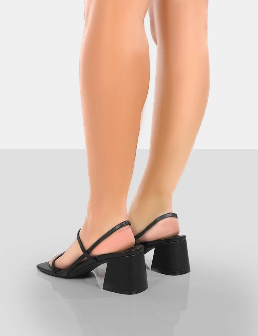 Public Desire Women's Black PU Strappy Square Toe Mid Block Heel Sandals - Just Realise Style