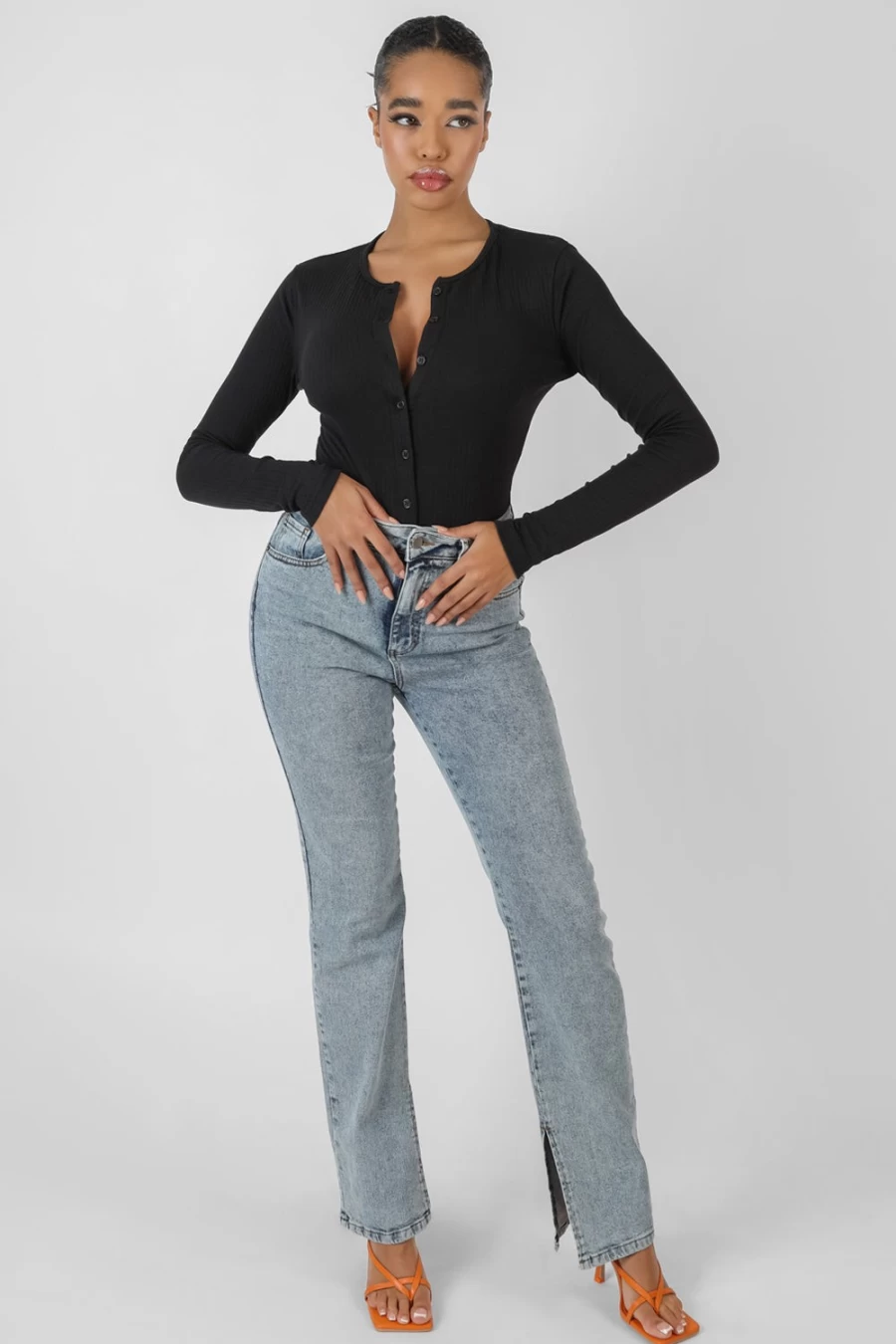"Public Desire Women's Black Long Sleeve Ribbed Bodysuit with Front Buttons"