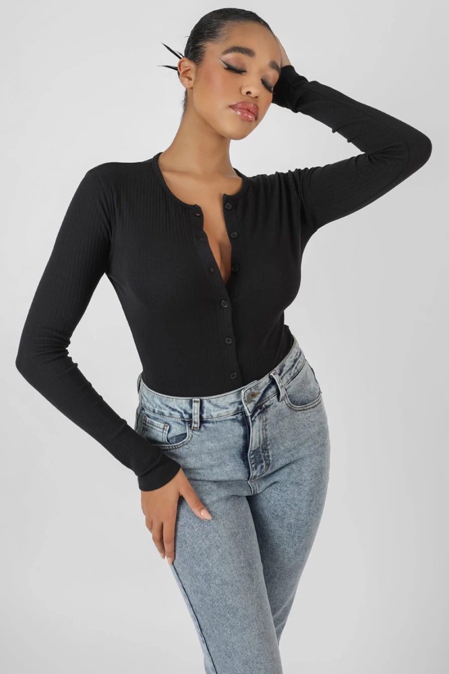 "Public Desire Women's Black Long Sleeve Ribbed Bodysuit with Front Buttons"