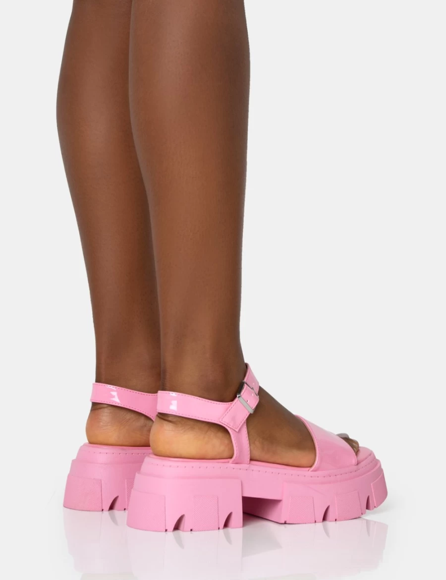 Public Desire Women's Athens Pink Patent Round Toe Chunky Heel Flat Sandals