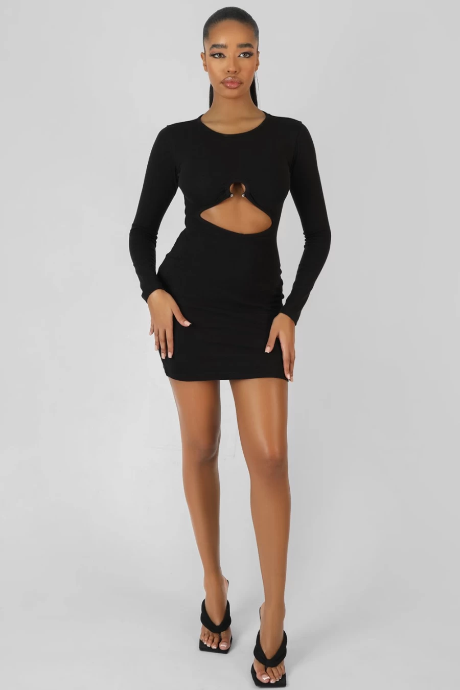 Public Desire Women's Black Bull Ring Detail Long Sleeve Mini Dress