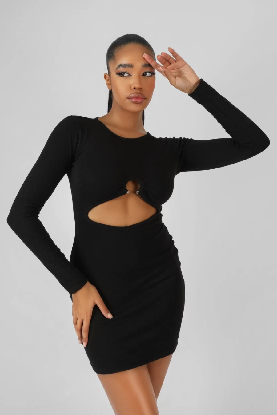 Public Desire Women's Black Bull Ring Detail Long Sleeve Mini Dress