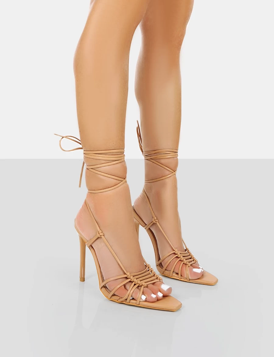 Public Desire Women's Nude Valencia PU Strappy Lace Up Stiletto Heels Pointed Toe Pumps