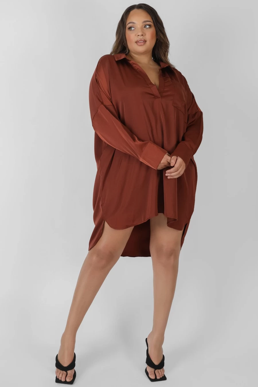 Public Desire Women's Brown Satin Curve Shirt Dress