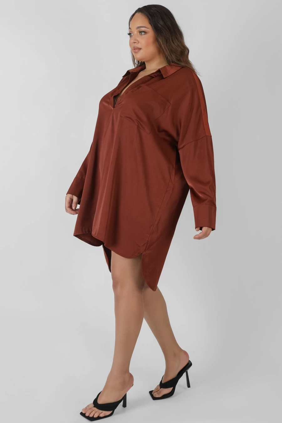 Public Desire Women's Brown Satin Curve Shirt Dress