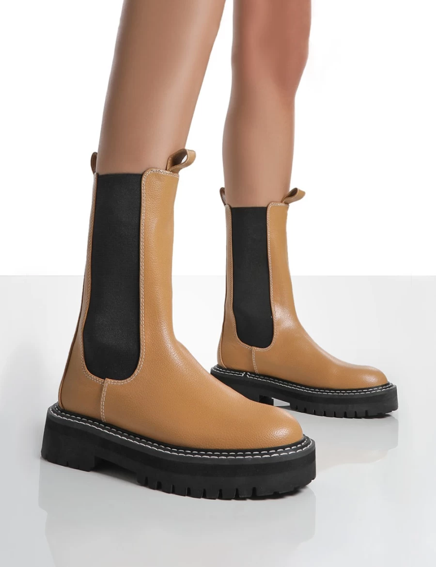 Public Desire Women's Camel Ankle Boots with Chunky Sole & Chelsea Style - Animate Design
