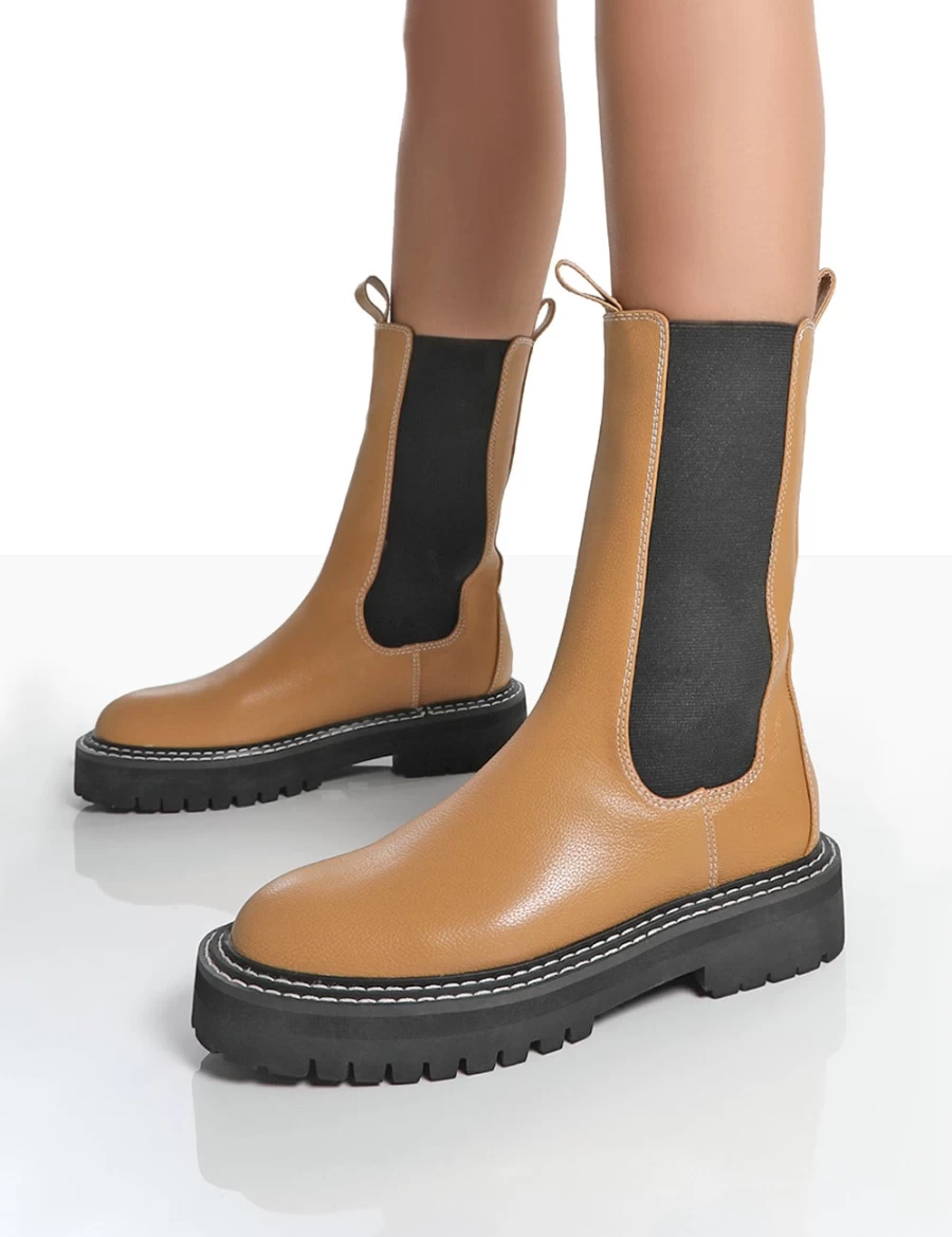 Public Desire Women's Camel Ankle Boots with Chunky Sole & Chelsea Style - Animate Design