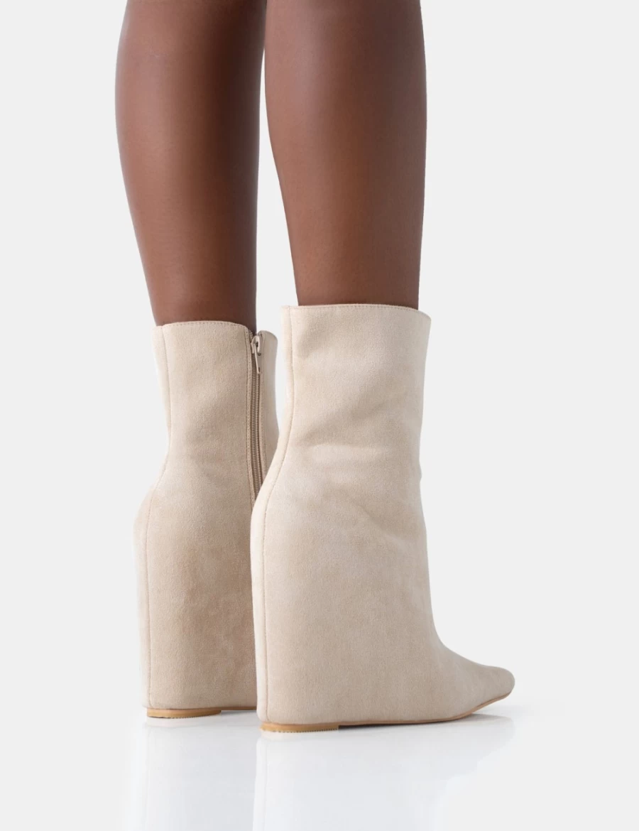 Public Desire Women's Beige Faux Suede Wedge Heel Ankle Boots