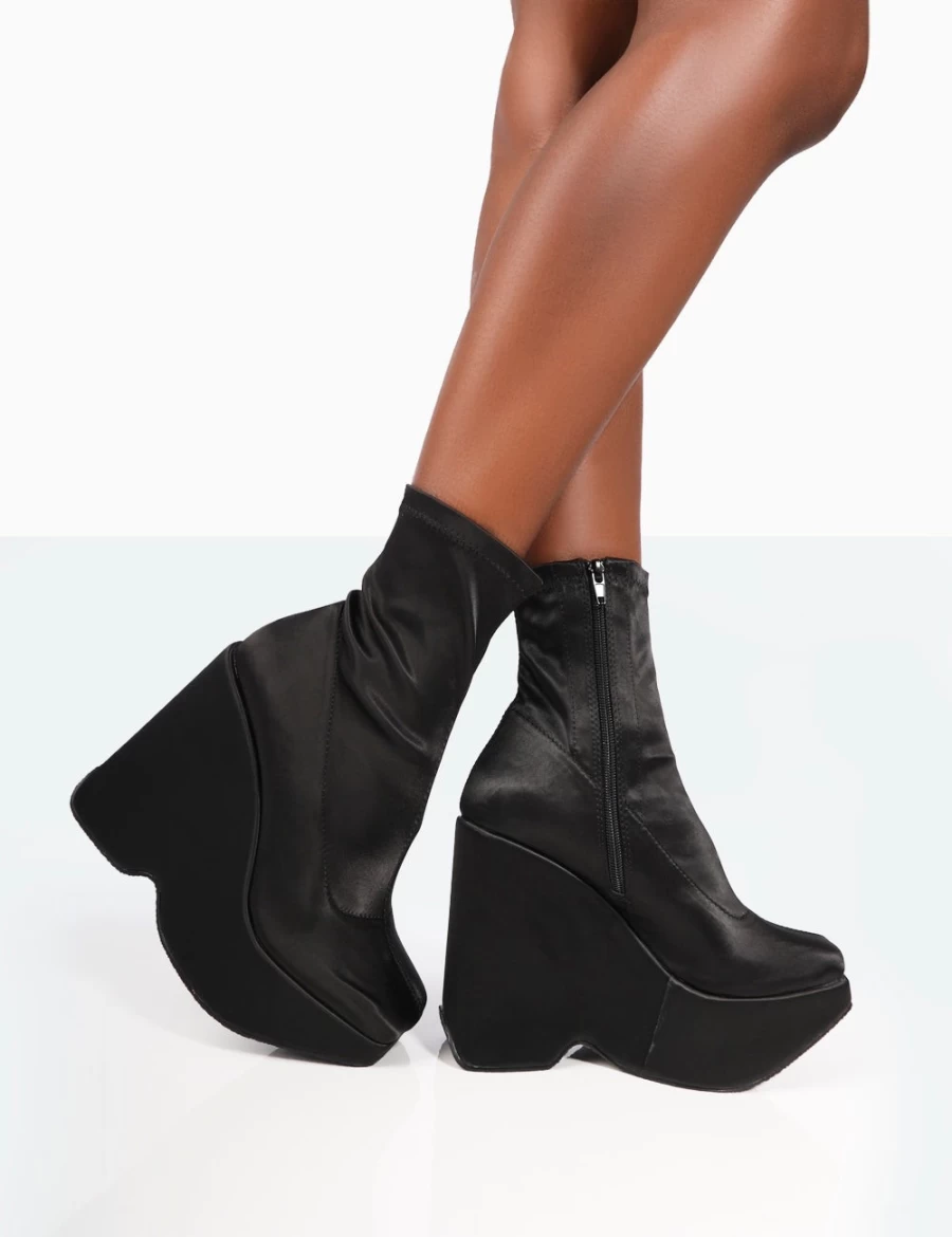 Public Desire Women's Versus Black Satin Platform Ankle Boots with Chunky Sole