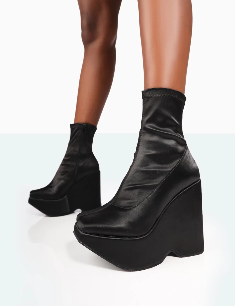 Public Desire Women's Versus Black Satin Platform Ankle Boots with Chunky Sole