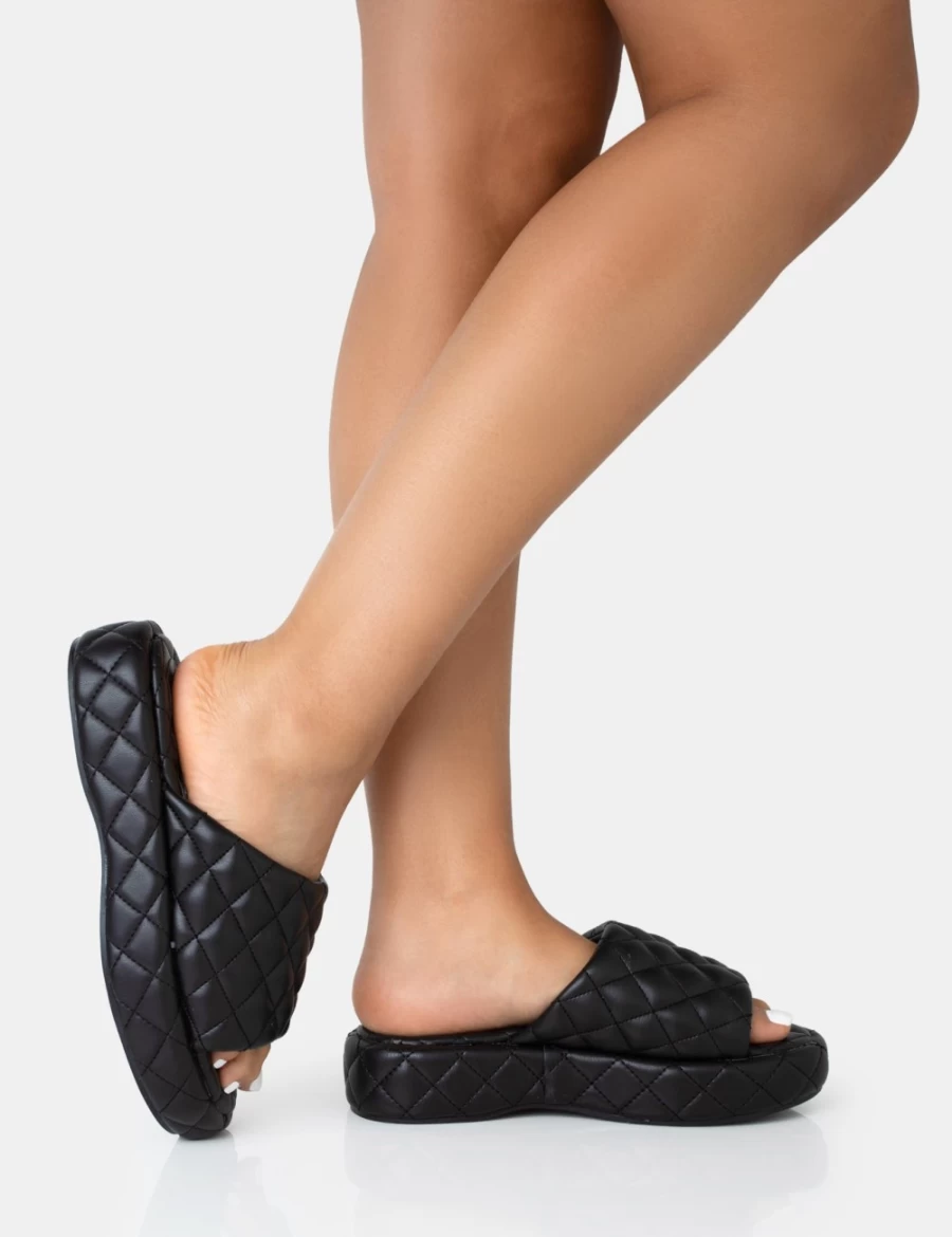 Public Desire Women's Black Mykonos Quilted Flatform Slide Sandals