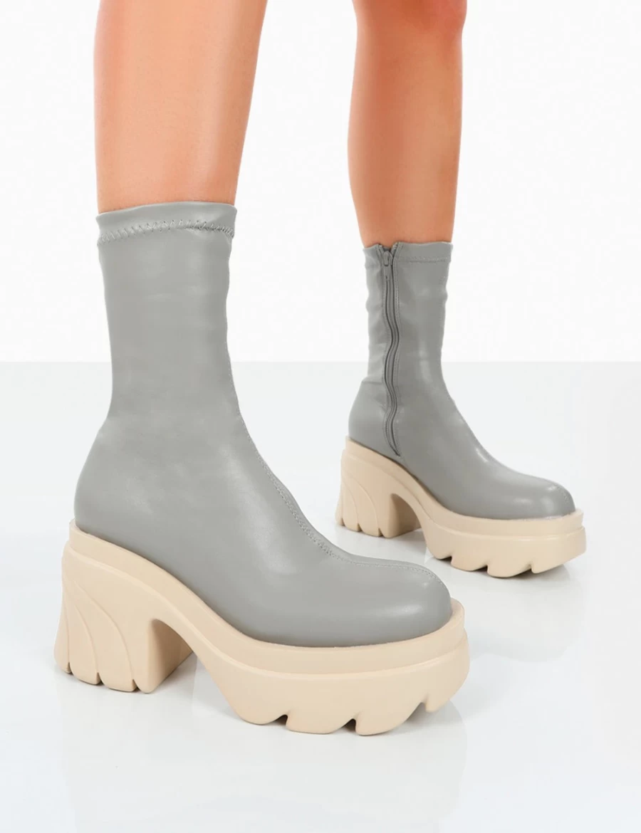 Public Desire Grey Jennie Pu Platform Chunky Sole Heeled Ankle Boots for Women