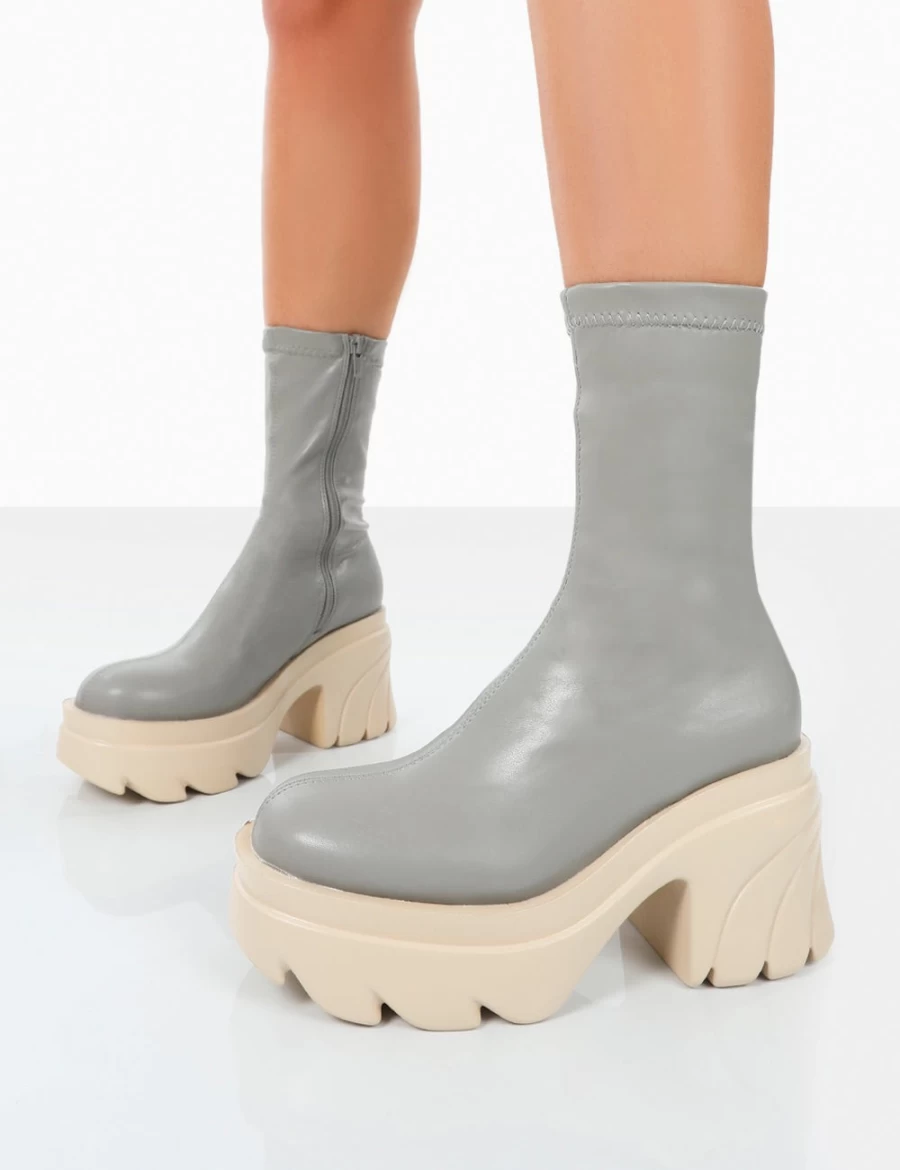 Public Desire Grey Jennie Pu Platform Chunky Sole Heeled Ankle Boots for Women