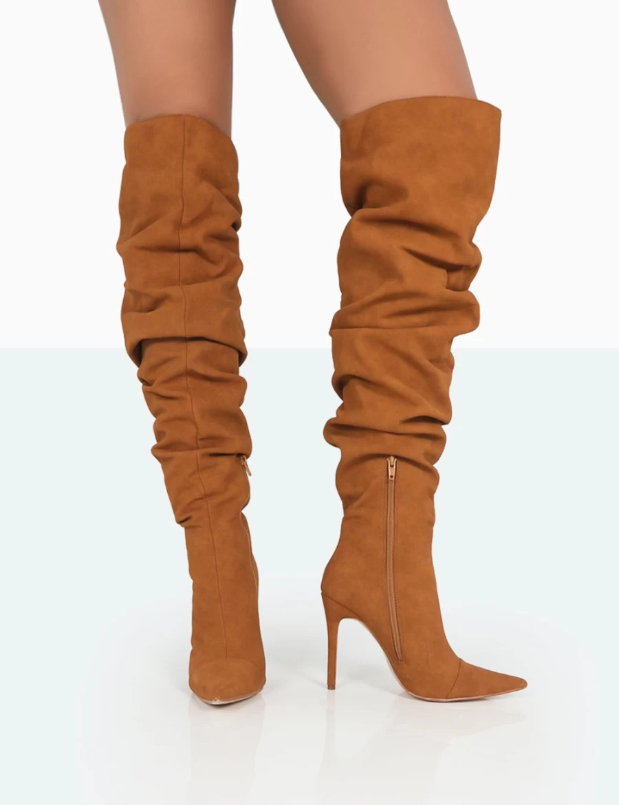 Public Desire Women's Tan Faux Suede Over The Knee Boots with Pointed Toe & Stiletto Heel
