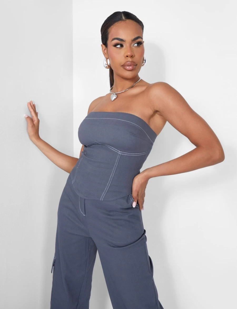 "Public Desire Women's Grey Denim Bandeau Top with Contrast Stitching"