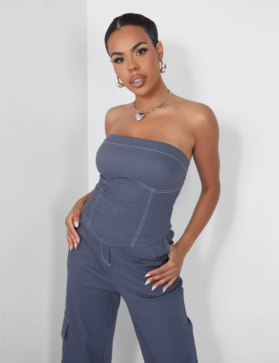 "Public Desire Women's Grey Denim Bandeau Top with Contrast Stitching"