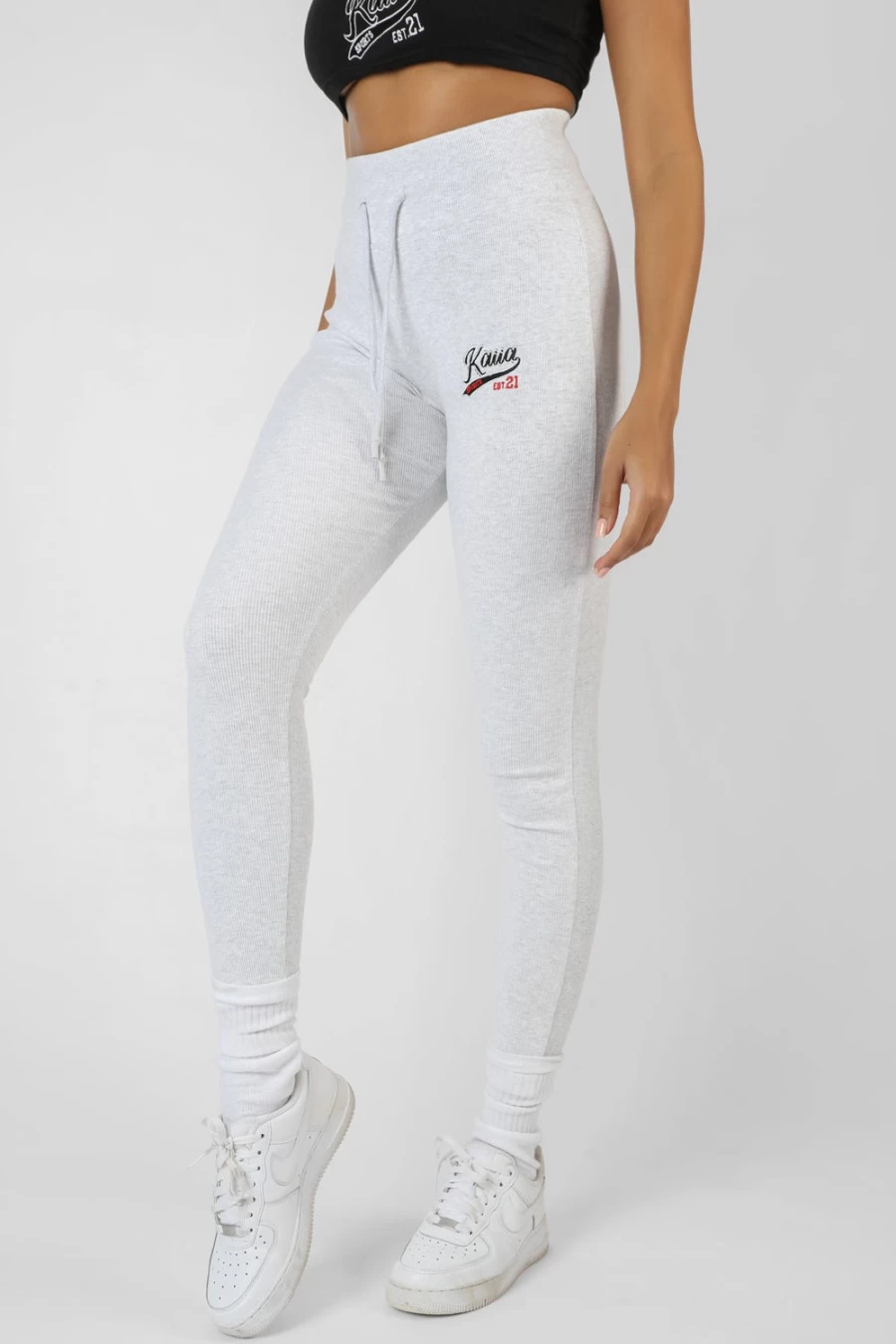 Public Desire Women's Oatmeal Varsity Embroidery Tie Waist Leggings Marl