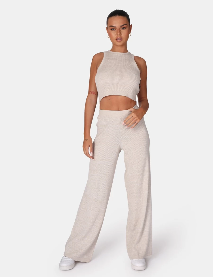 Public Desire Women's V Front Low Waist Wide Leg Knit Pants in Oatmeal - Comfortable Stretch Trousers for Casual Wear