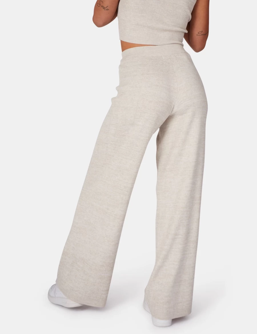 Public Desire Women's V Front Low Waist Wide Leg Knit Pants in Oatmeal - Comfortable Stretch Trousers for Casual Wear