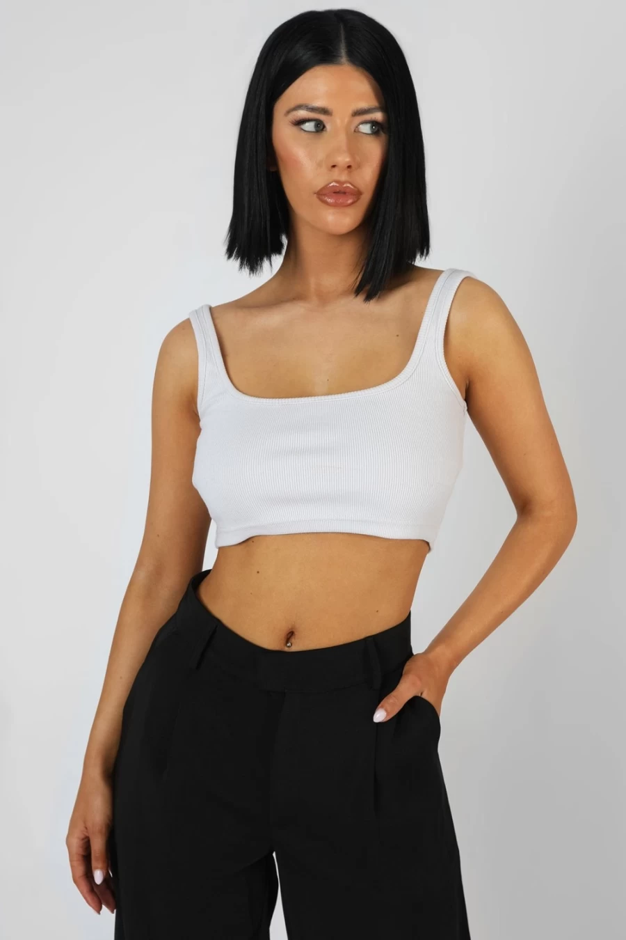 Public Desire Women's Ecru Square Neck Ribbed Crop Top - Stylish Short Sleeve T-Shirt