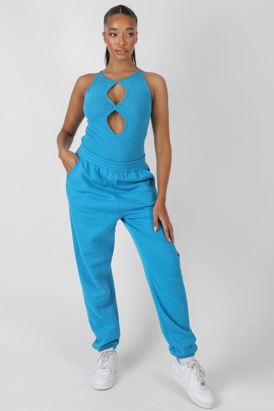 "Public Desire Women's Blue Twist Keyhole Sleeveless Bodysuit"