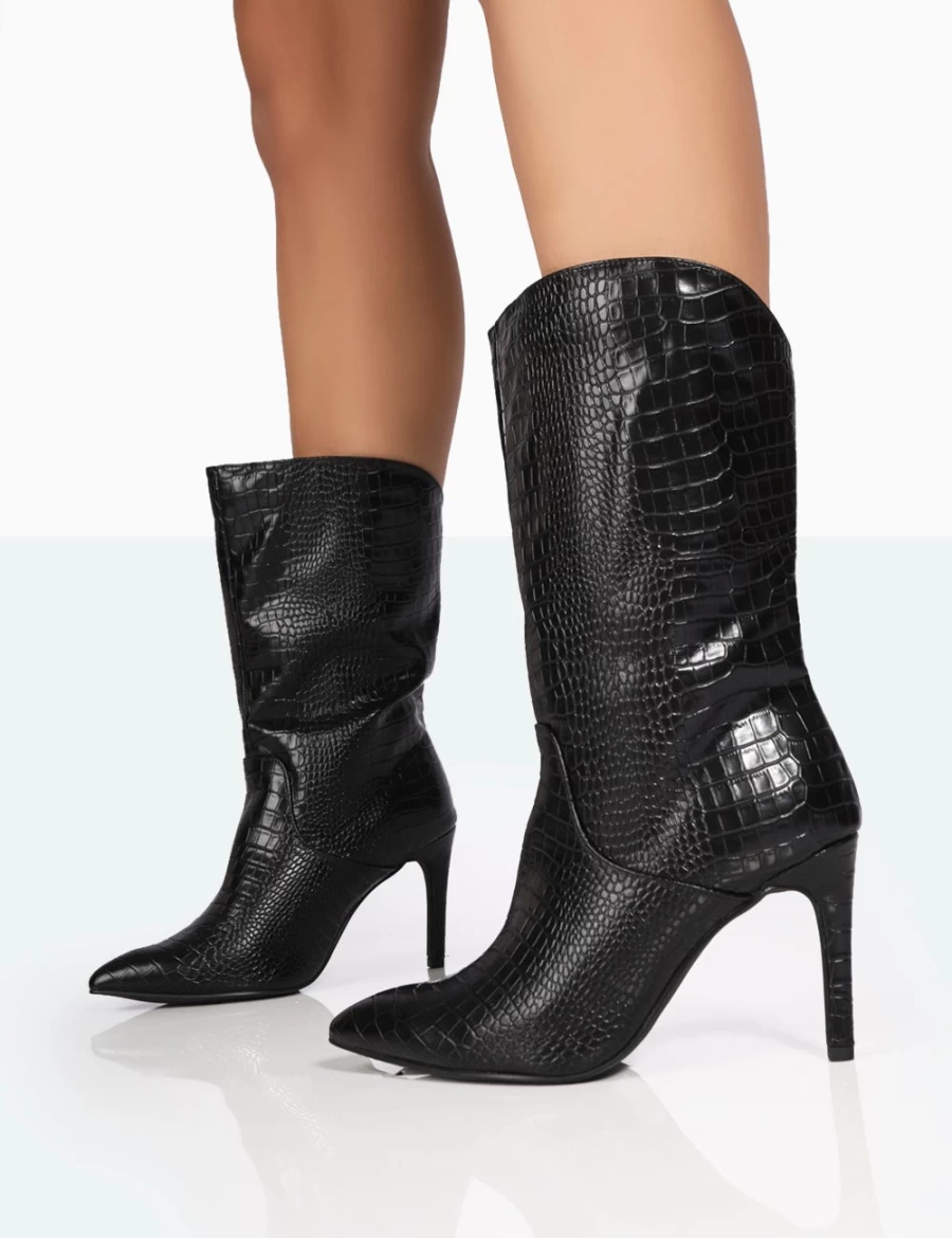 Public Desire Women's Black Lisel Wide Fit Croc PU Pointed Toe Stiletto Heel Ankle Boots