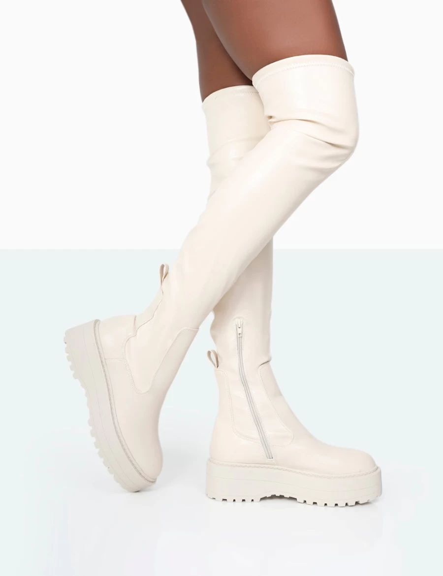 Public Desire Women's Ecru Phoenix PU Chunky Sole Round Toe Over The Knee Boots