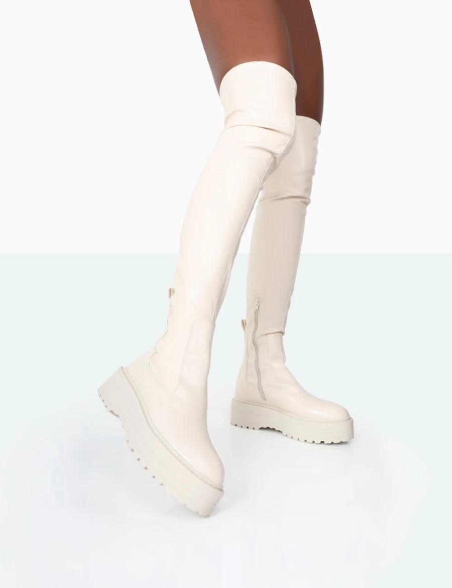 Public Desire Women's Ecru Phoenix PU Chunky Sole Round Toe Over The Knee Boots
