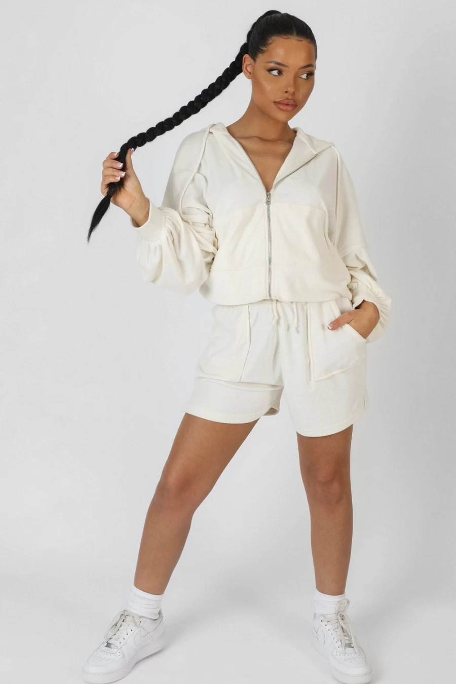 "Public Desire Women's Ecru Zip Through Towelling Hoodie"