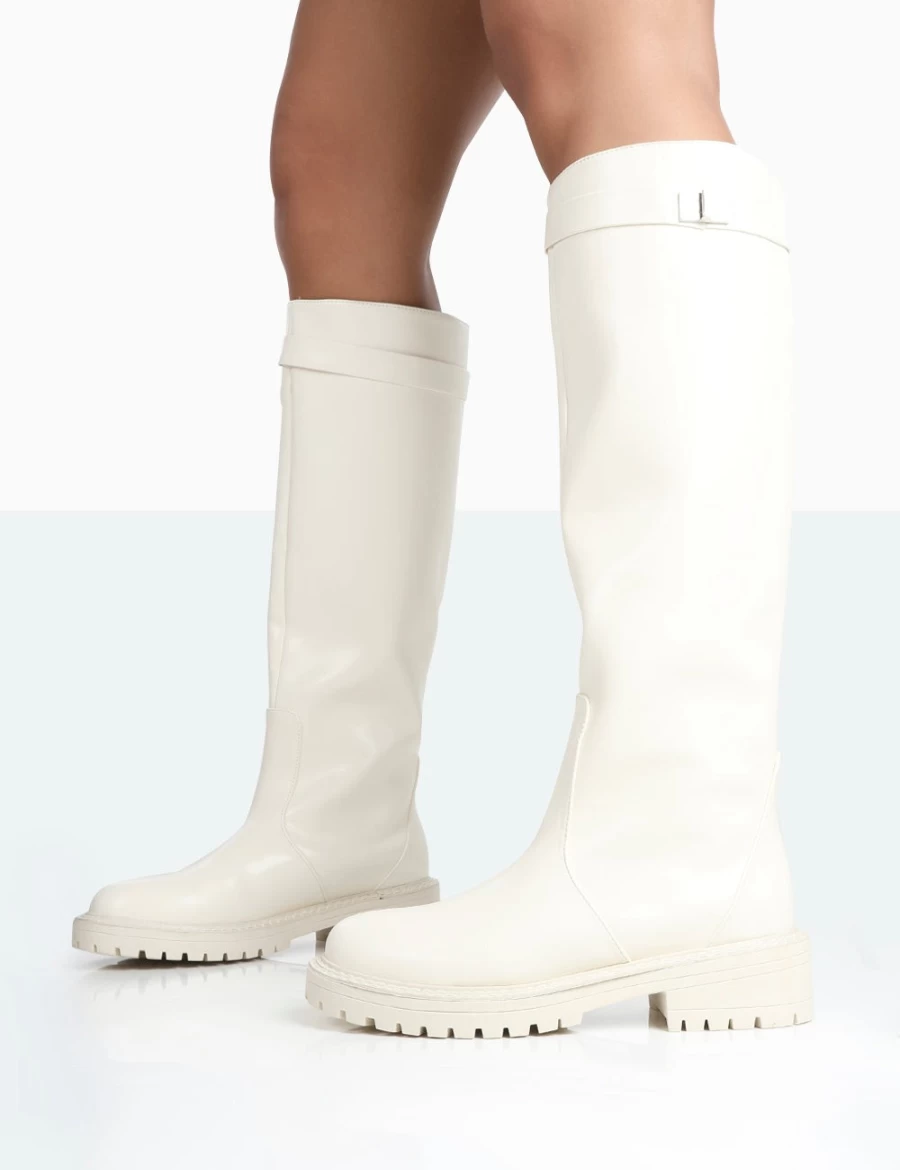 Public Desire Women's Ecru Chunky Knee High Boots - Round Toe & Platform Sole for Stylish Comfort