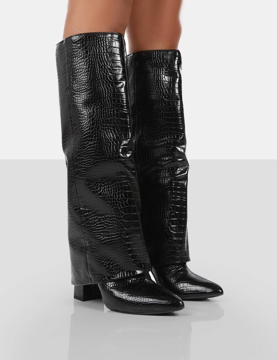 Public Desire Women's Black Patent Crocodile Knee High Block Heel Boots - Zendaya Style Pointed Toe
