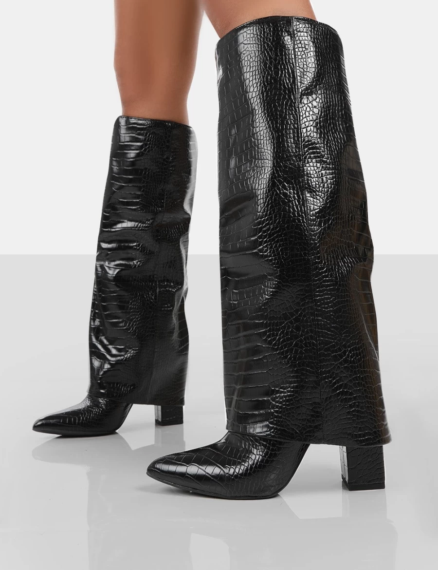 Public Desire Women's Black Patent Crocodile Knee High Block Heel Boots - Zendaya Style Pointed Toe