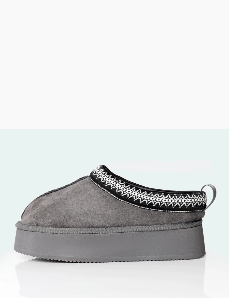 Public Desire Women's Vixon Charcoal Grey Embroidered Faux Suede Platform Boots