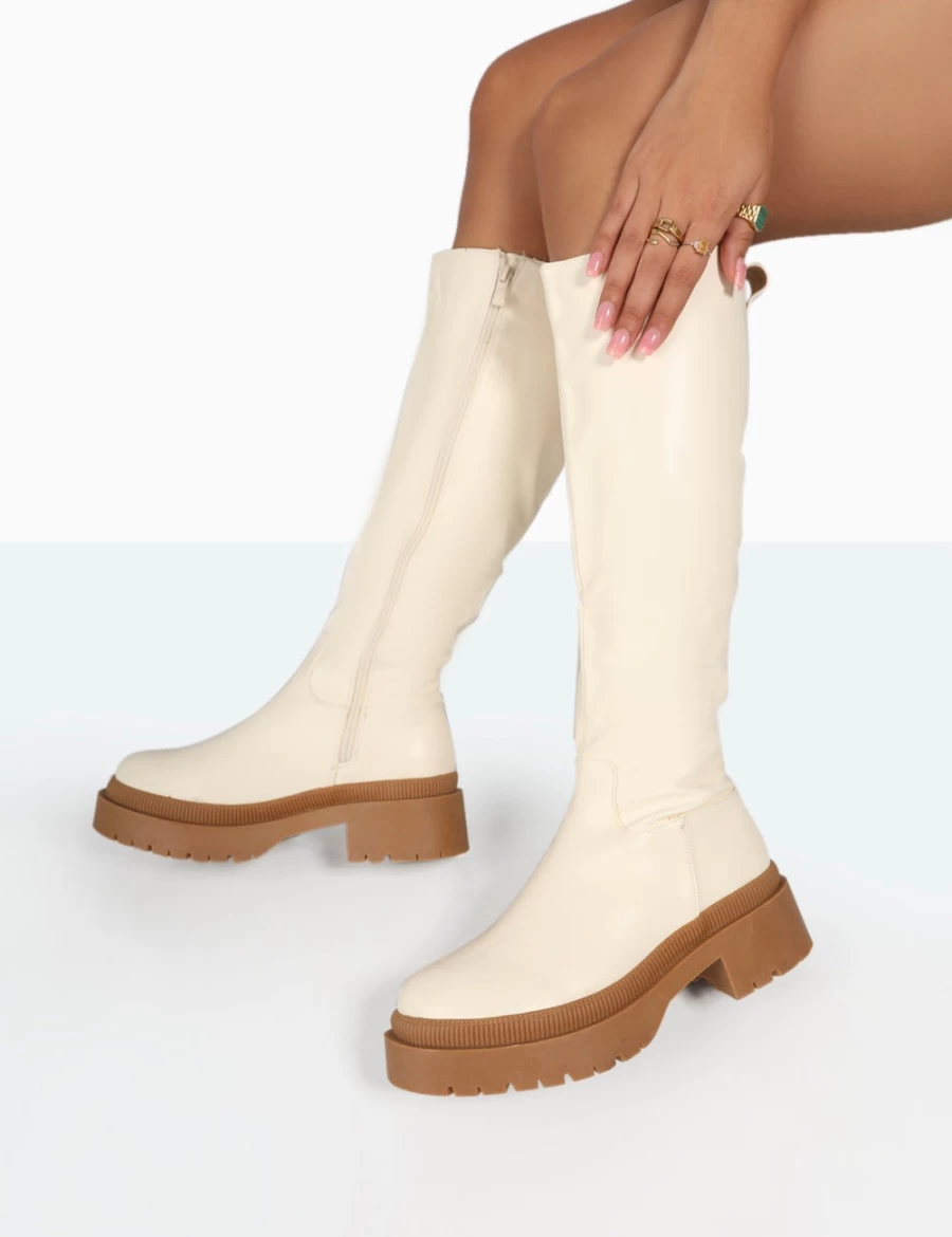 Public Desire Women's Ecru Jersey PU Contrast Chunky Sole Knee High Boots