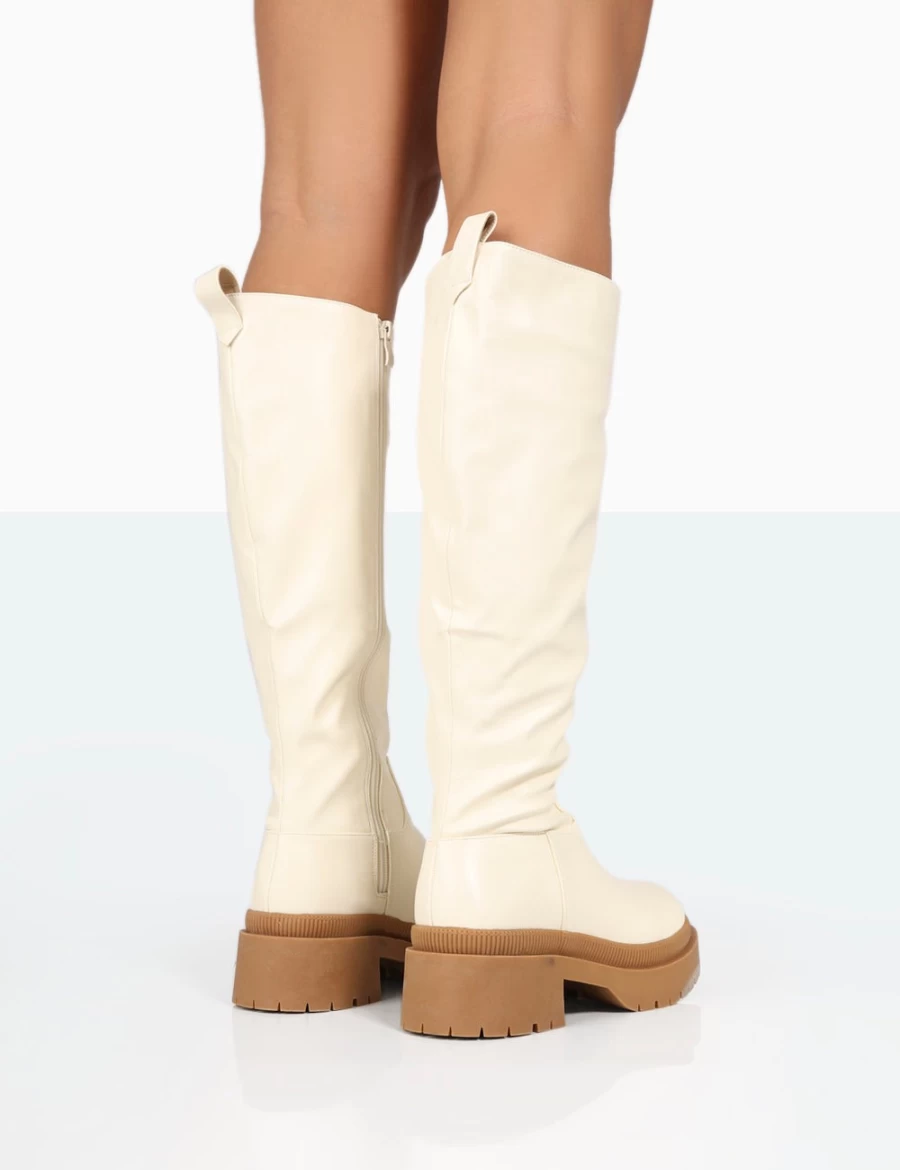 Public Desire Women's Ecru Jersey PU Contrast Chunky Sole Knee High Boots