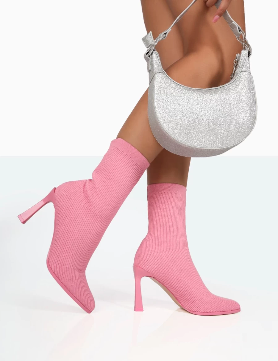 Public Desire Women's Pink Knitted Pointed Toe Stiletto Heel Ankle Boots