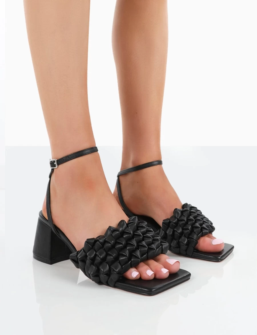 Public Desire Women's Black PU Woven Square Toe Block Mid Heel Mule Sandals