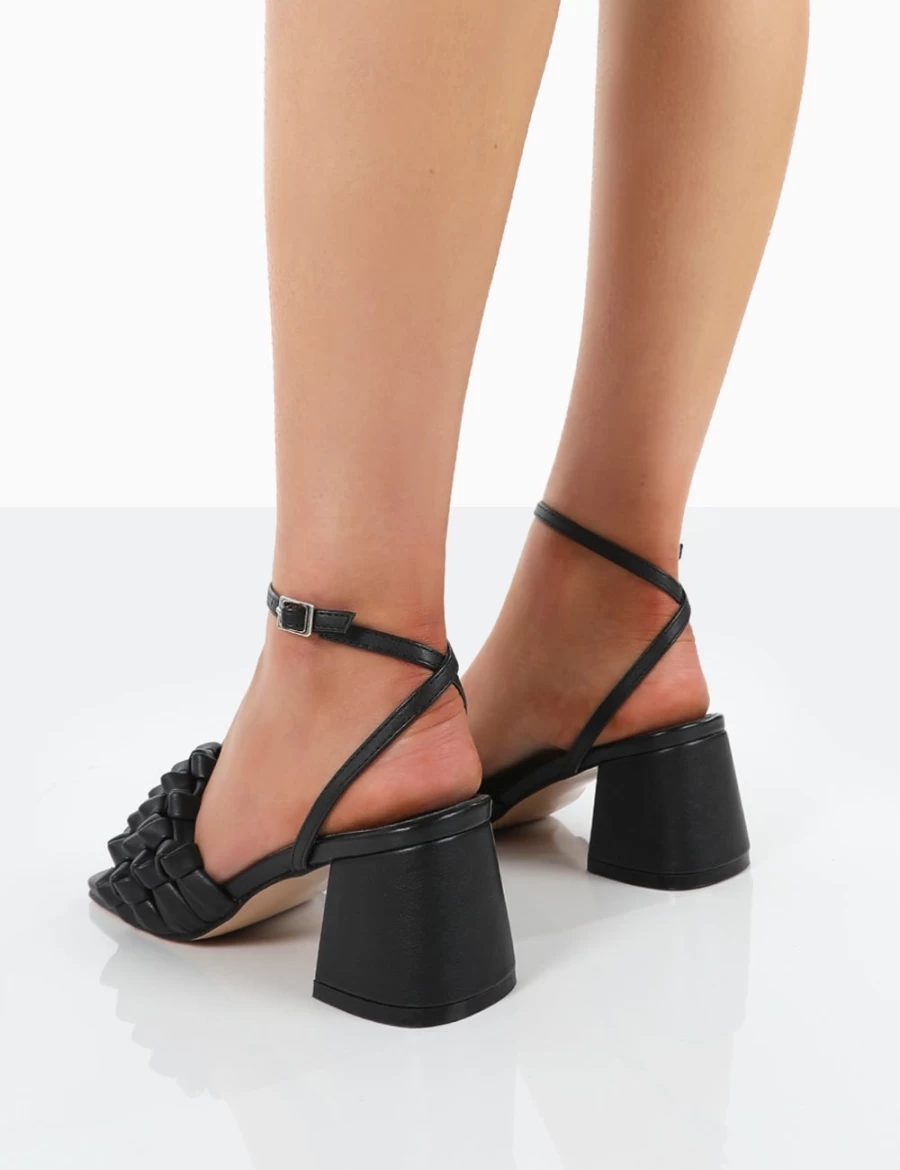 Public Desire Women's Black PU Woven Square Toe Block Mid Heel Mule Sandals