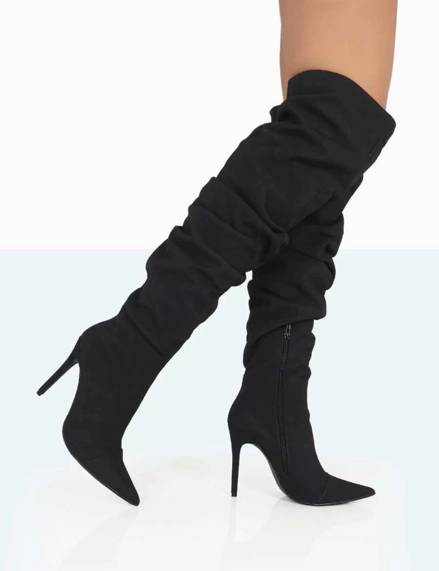 Public Desire Women's Black Faux Suede Over The Knee Boots Pointed Toe Stiletto Heel