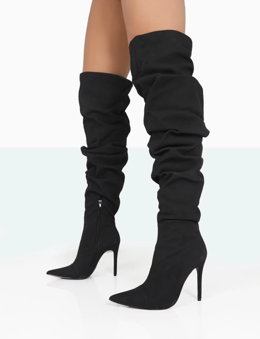 Public Desire Women's Black Faux Suede Over The Knee Boots Pointed Toe Stiletto Heel