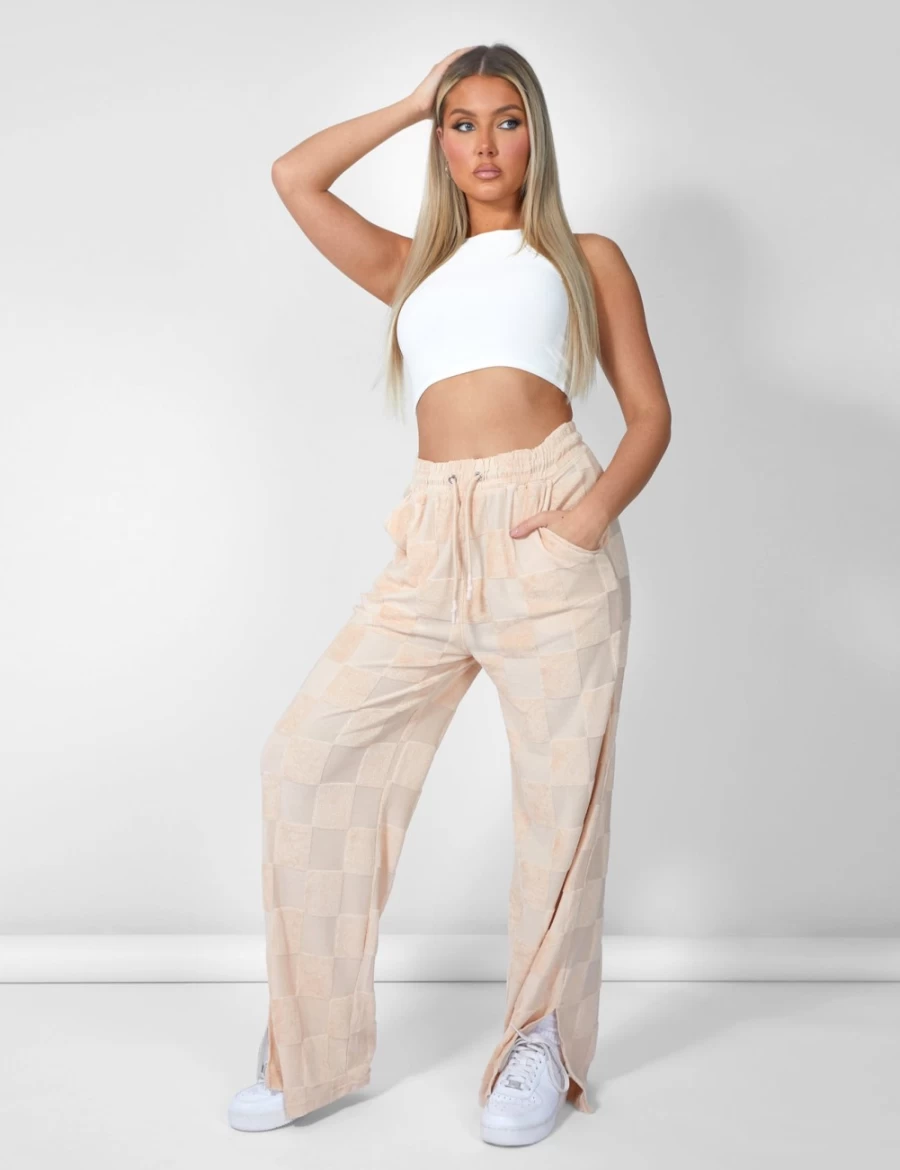 Women's Public Desire Sand Checkerboard Wide Leg Joggers with Split Hem - Towelling Comfort Pants