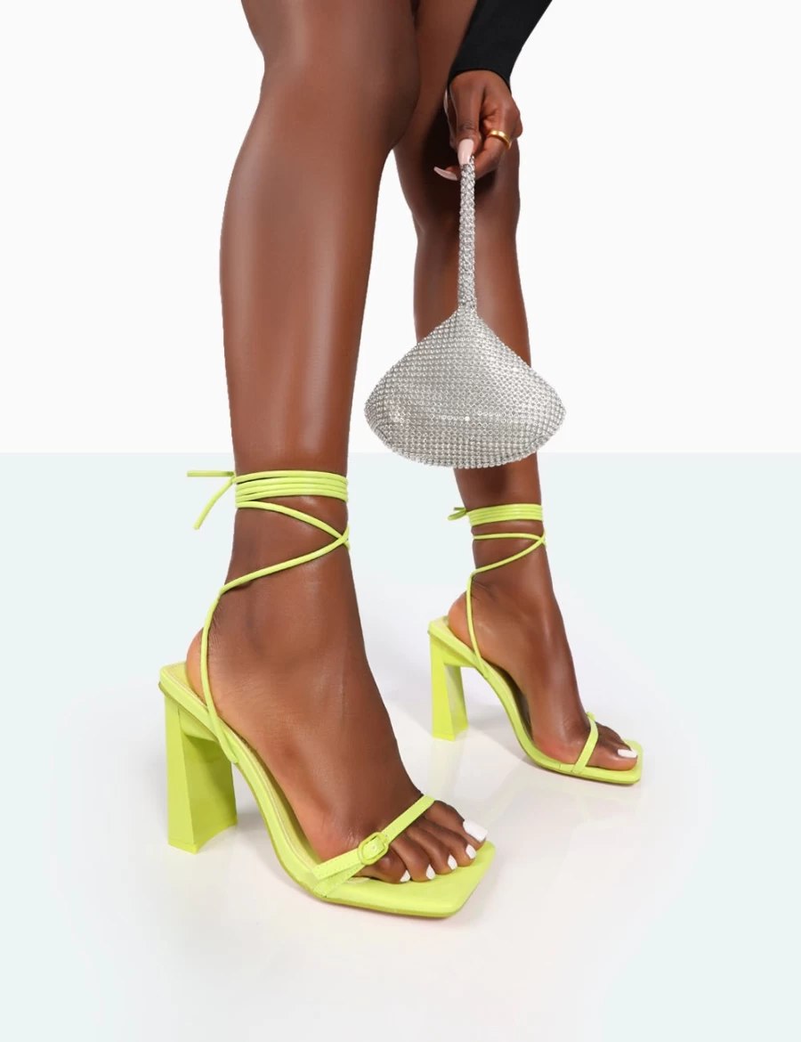 Public Desire Women's Lime Cleo Pu Square Toe Strappy Lace Up Block Heel Sandals