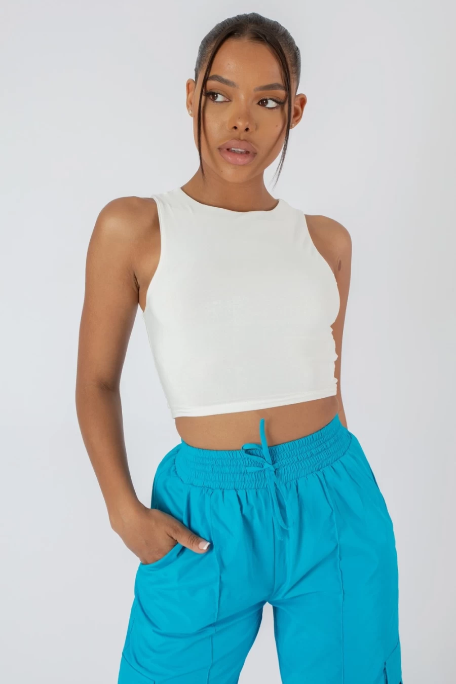Public Desire Women's White Slinky Racer Top - Sexy Fitted Tank Top