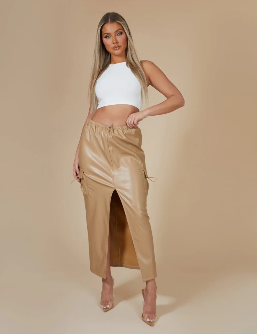 Public Desire Women's Brown Faux Leather Cargo Maxi Skirt with Pocket Detail