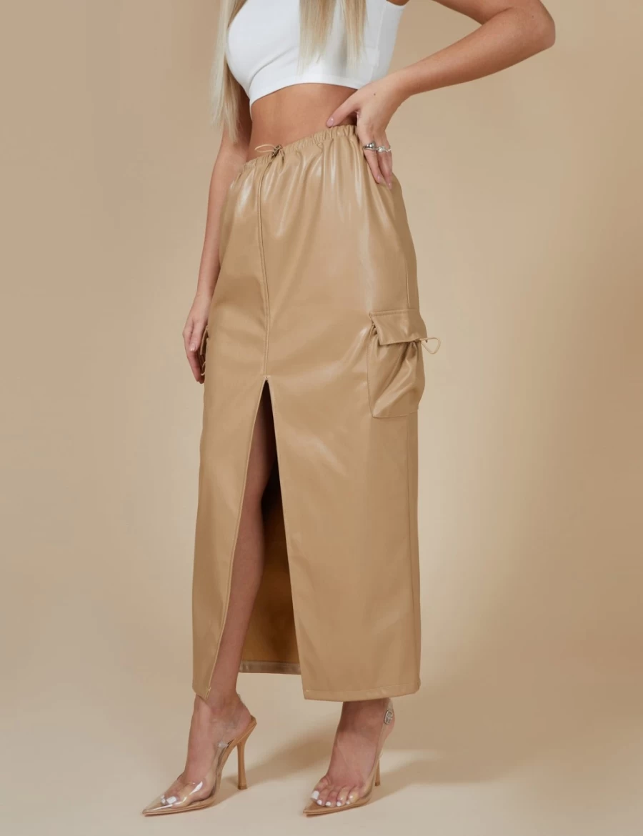 Public Desire Women's Brown Faux Leather Cargo Maxi Skirt with Pocket Detail