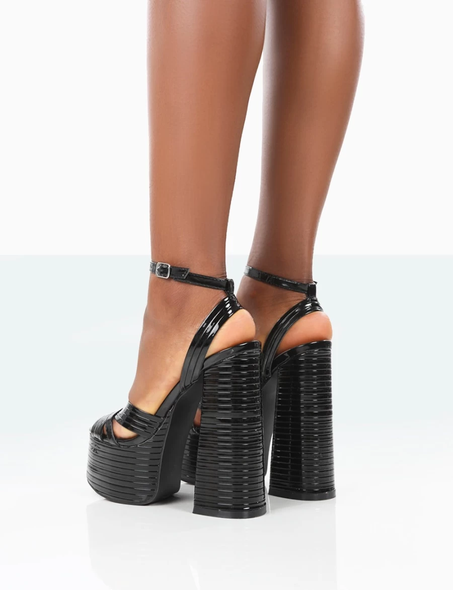 Public Desire Zurra Black Metallic PU Women's Platform Block Heel Open Toe Sandals