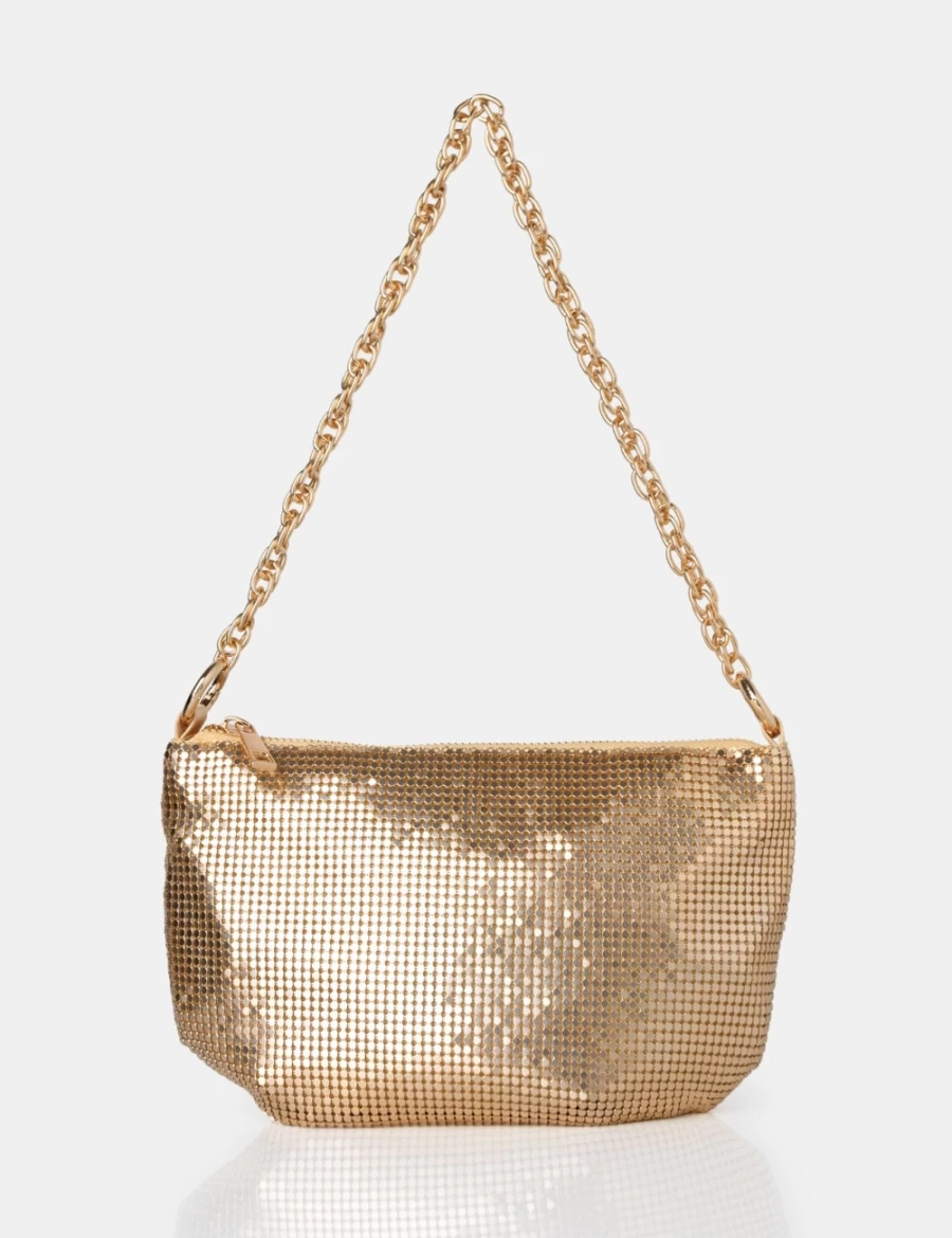 Public Desire Gold Diamante Chainmail Shoulder Bag for Women - Baguette Chain Detail Slouch Purse