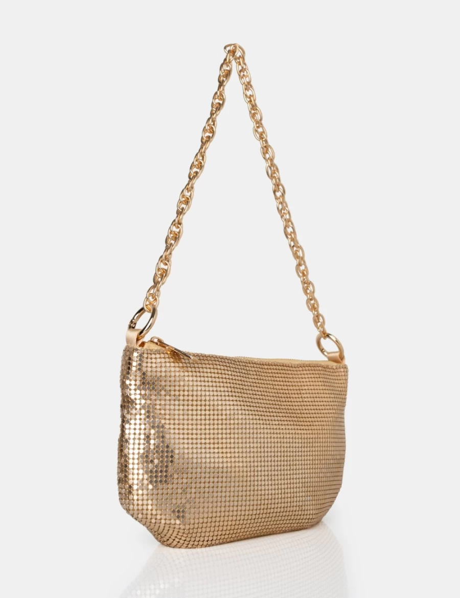 Public Desire Gold Diamante Chainmail Shoulder Bag for Women - Baguette Chain Detail Slouch Purse